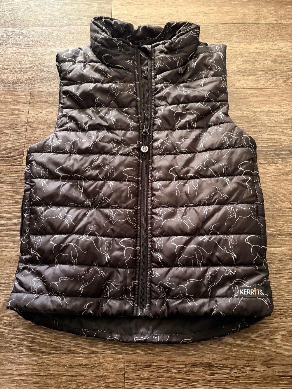 Kerrits Black Quilted Kids Puffer Vest with White Horse Print